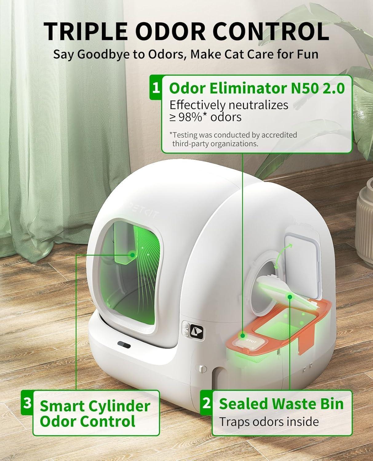 Self Cleaning Cat Litter Tray, 76L Extra Large Automatic Cat Litter Tray App Control, Dual Odour Control with Pura Air & N50, xSecure Robot Litter Box fr Multi-Cats with Mat & Liner