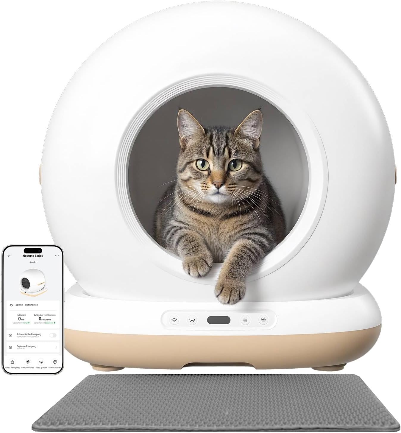 Cat Litter Tray Self-Cleaning, Self-Cleaning Cat Litter Tray with Mat, App Control, UV Sterilisation, Multiple Safety Protection, Electric Cat Litter Tray Suitable for Multiple Cats