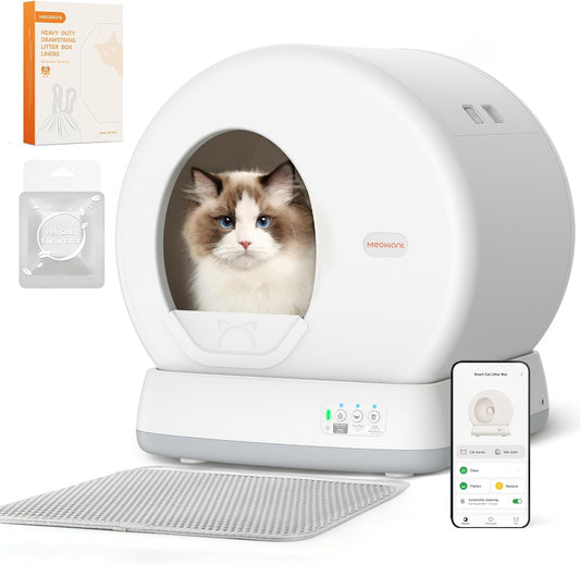 MeoSelf Cleaning Cat Litter Tray, Integrated Safety Protection Automatic Cat Litter Tray for Multiple Cats, Extra Large/Odor Removal/APP Control Smart Robot Tray with Mat & Liner