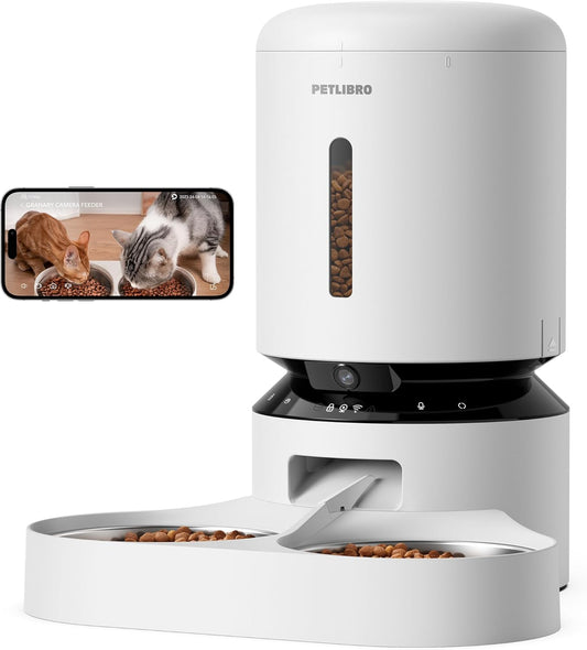 Automatic Cat Feeder with Camera, 1080p HD Live Monitoring, Remote App Food Dispensing Dual Bowl, Two-Way Audio Interaction, AI Motion Detection (White)