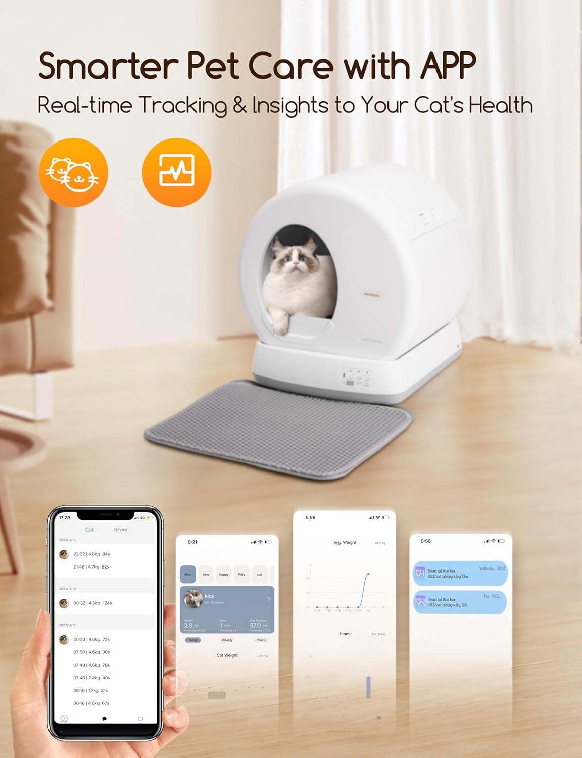 MeoSelf Cleaning Cat Litter Tray, Integrated Safety Protection Automatic Cat Litter Tray for Multiple Cats, Extra Large/Odor Removal/APP Control Smart Robot Tray with Mat & Liner