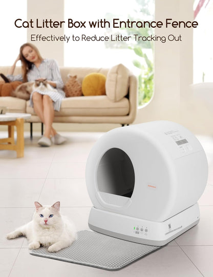 MeoSelf Cleaning Cat Litter Tray, Integrated Safety Protection Automatic Cat Litter Tray for Multiple Cats, Extra Large/Odor Removal/APP Control Smart Robot Tray with Mat & Liner