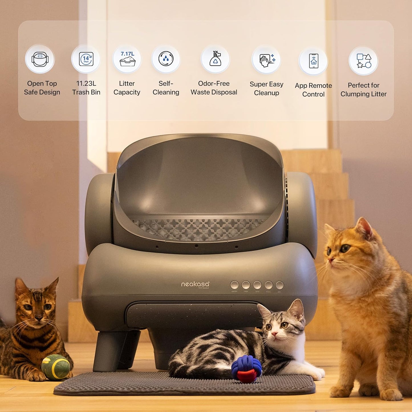 Neakasa M1 Open-Top Self Cleaning Cat Litter Box, Automatic Cat Litter tray with APP Control, Odor-Free Waste Disposal Includes Trash Bags and Mat