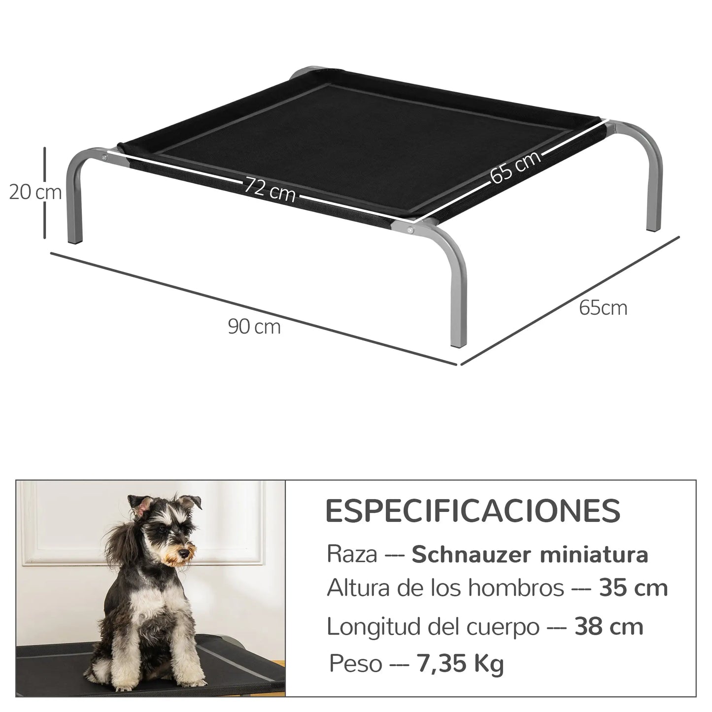 Cama elevada para perros STANDFORD, transpirable con soporte en acero  90x65x20cm color negro