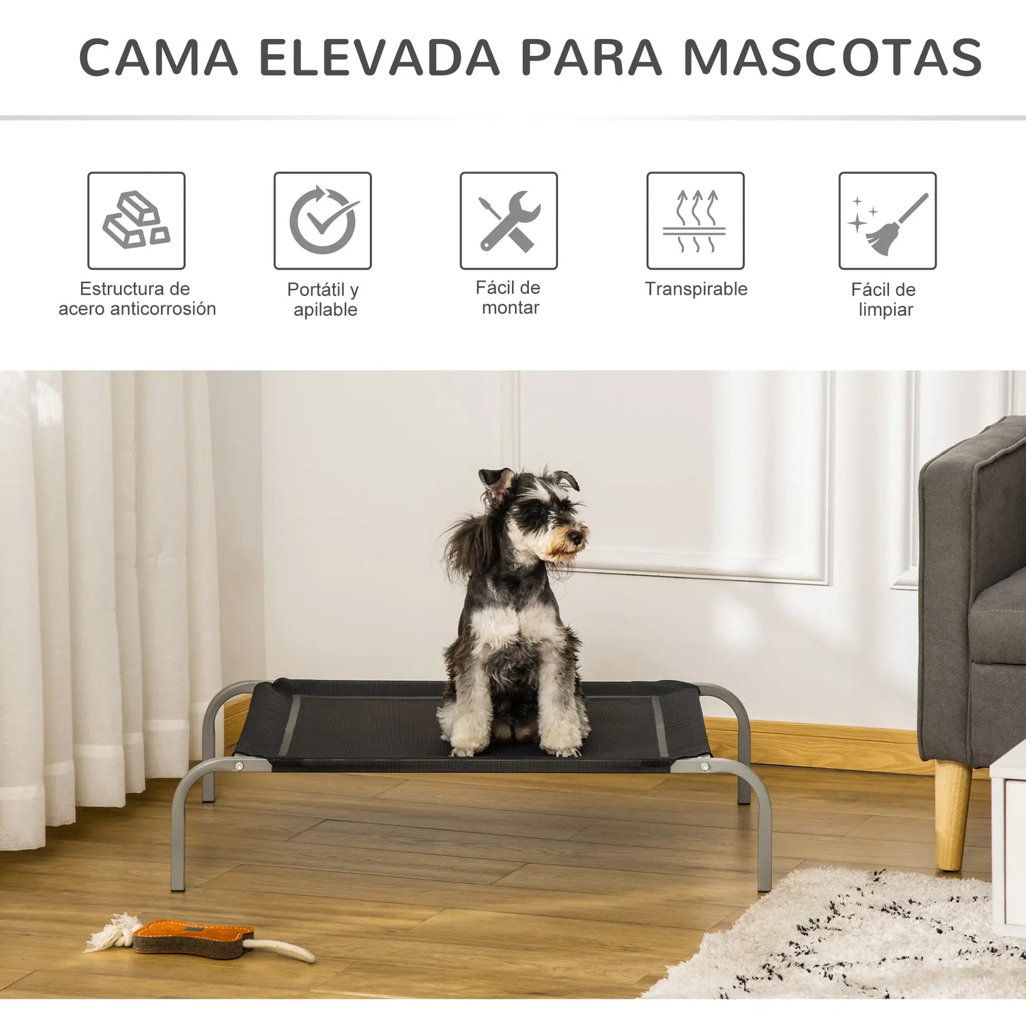 Cama elevada para perros STANDFORD, transpirable con soporte en acero  90x65x20cm color negro