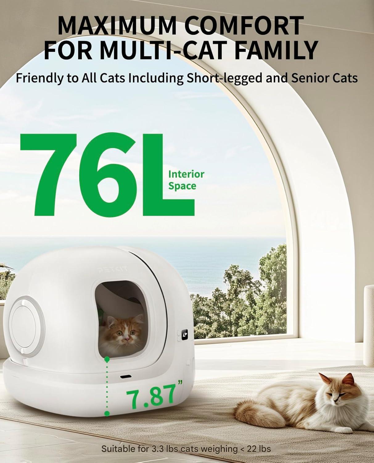 Self Cleaning Cat Litter Tray, 76L Extra Large Automatic Cat Litter Tray App Control, Dual Odour Control with Pura Air & N50, xSecure Robot Litter Box fr Multi-Cats with Mat & Liner