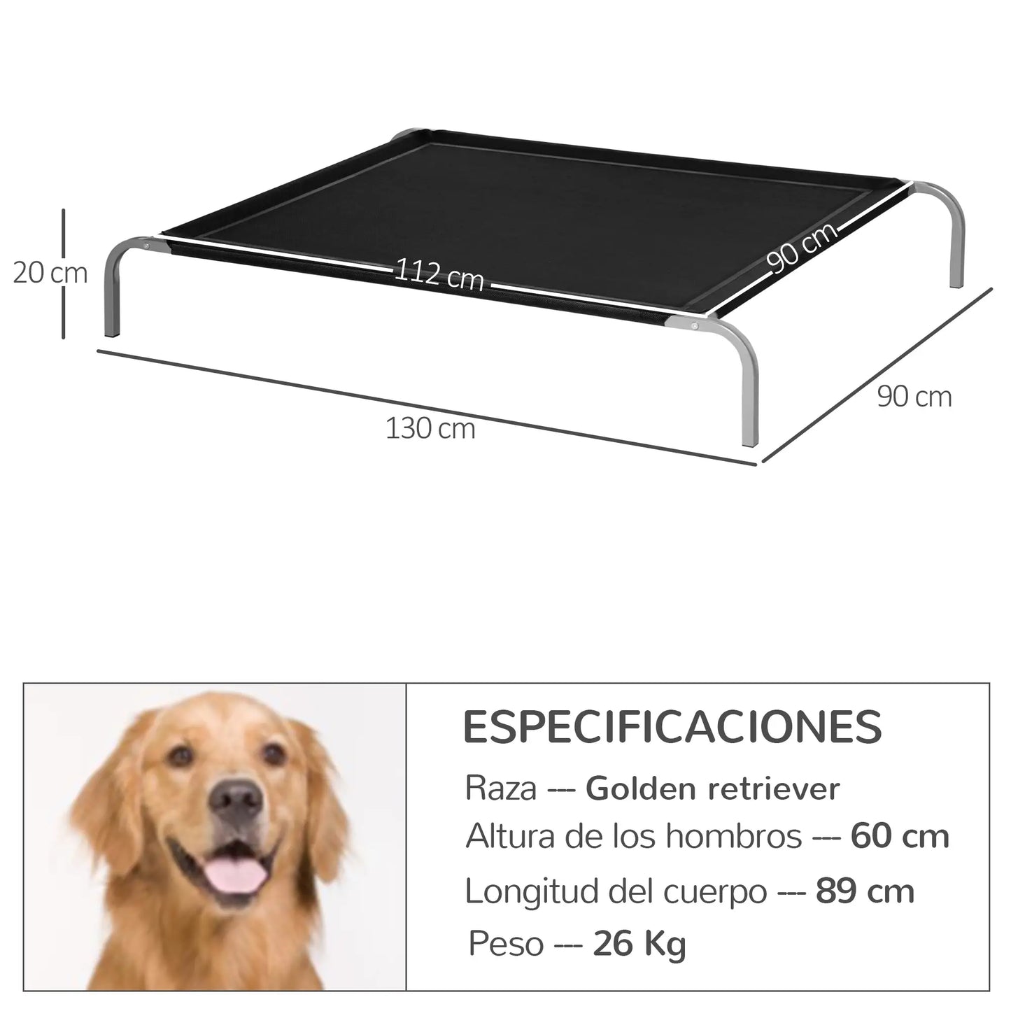 Cama elevada para perros STANDFORD, transpirable con soporte en acero  90x65x20cm color negro